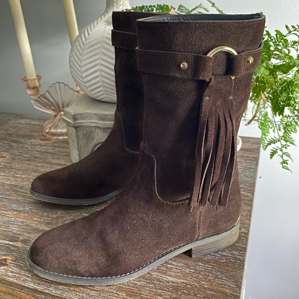Michael Kors Rhea Suede Leather Fringe Pull On Moccasin Mid Calf Boots Women 7.5 - Picture 1 of 13